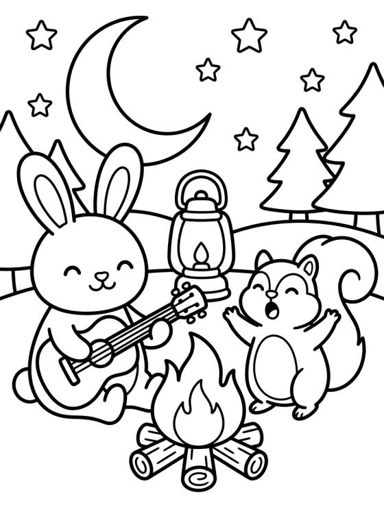Forest Animals Singing at the Campsite para colorir Desenho de Forest Animals Singing at the Campsite para colorir e imprimir grátis