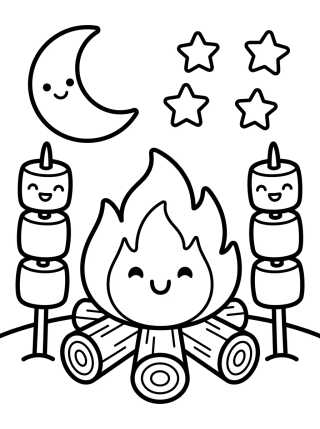Happy Campfire and Marshmallows para colorir Desenho de Happy Campfire and Marshmallows para colorir e imprimir grátis