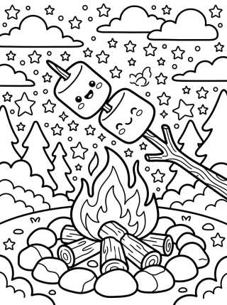 Happy Marshmallows by the Campfire para colorir Desenho de Happy Marshmallows by the Campfire para colorir e imprimir grátis