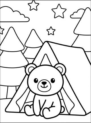 Kawaii Teddy Bear in a Tent para colorir Desenho de Kawaii Teddy Bear in a Tent para colorir e imprimir grátis