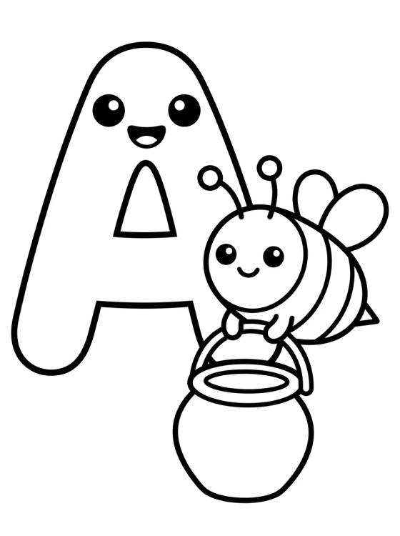 Letter A with Cute Bee para colorir Desenho de Letter A with Cute Bee para colorir e imprimir grátis