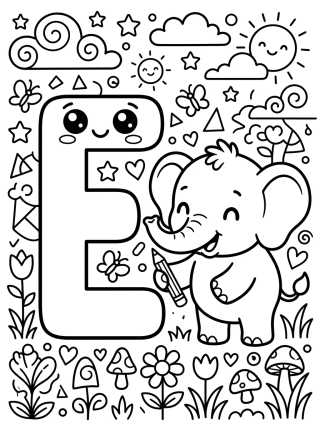 Letter E with Charming Little Elephant para colorir Desenho de Letter E with Charming Little Elephant para colorir e imprimir grátis
