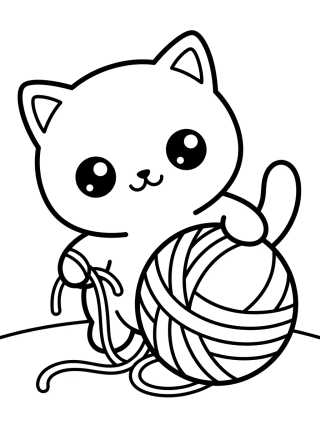 Kawaii Kitten and Yarn para colorir Desenho de Kawaii Kitten and Yarn para colorir e imprimir grátis