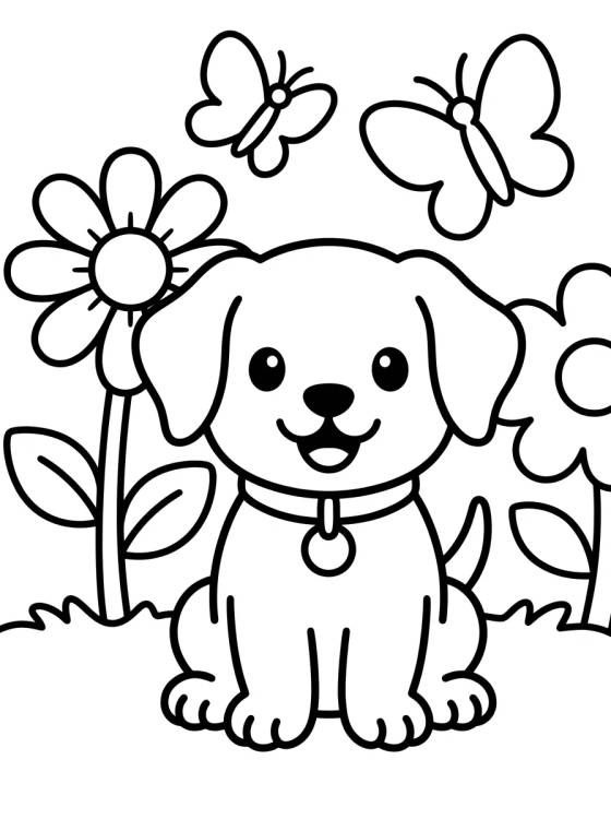 Happy Puppy in the Garden para colorir Desenho de Happy Puppy in the Garden para colorir e imprimir grátis