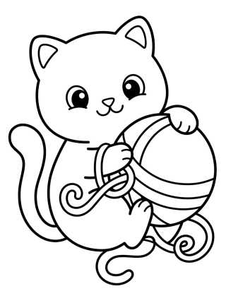 Cute Kawaii Kitty with Yarn para colorir Desenho de Cute Kawaii Kitty with Yarn para colorir e imprimir grátis