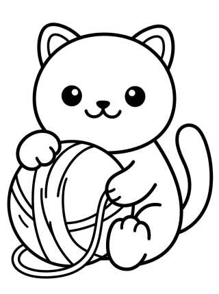 Kawaii Kitten with Ball of Yarn para colorir Desenho de Kawaii Kitten with Ball of Yarn para colorir e imprimir grátis