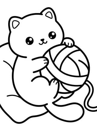 Kawaii Kitten Playing with Yarn para colorir Desenho de Kawaii Kitten Playing with Yarn para colorir e imprimir grátis