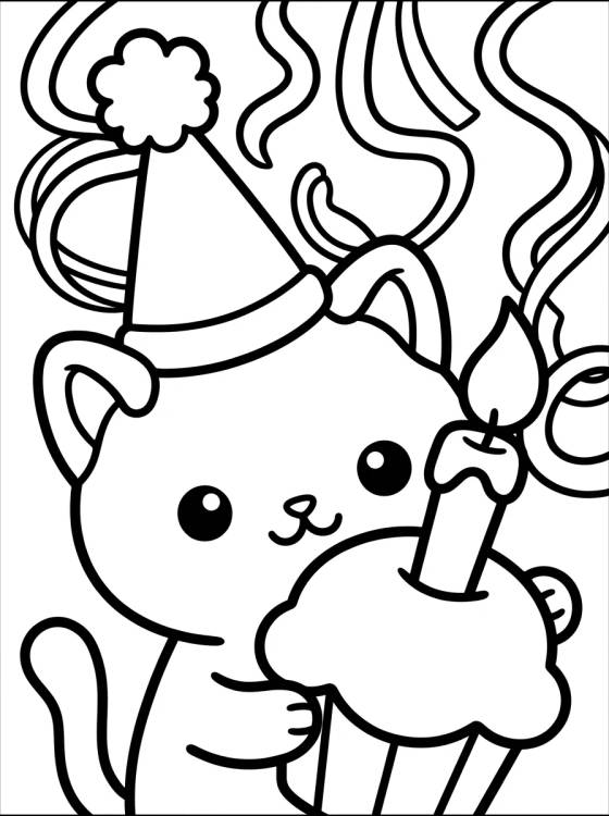 Cute Kitten with a Birthday Hat para colorir Desenho de Cute Kitten with a Birthday Hat para colorir e imprimir grátis