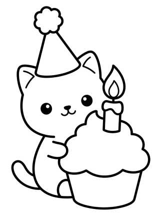 Kitten with Birthday Cupcake para colorir Desenho de Kitten with Birthday Cupcake para colorir e imprimir grátis