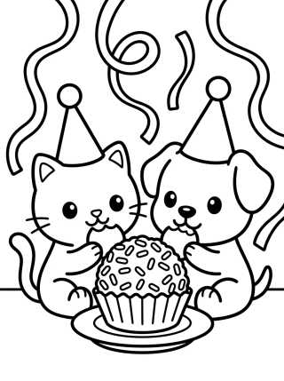 Kitty and Puppy Birthday Party para colorir Desenho de Kitty and Puppy Birthday Party para colorir e imprimir grátis