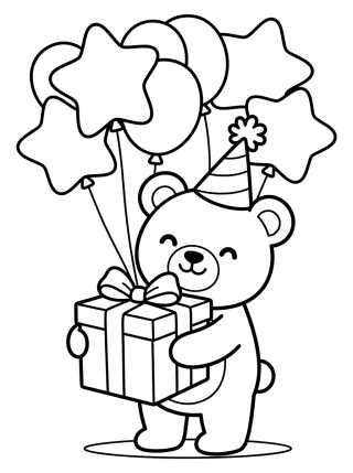 Birthday Bear with Gift and Balloons para colorir Desenho de Birthday Bear with Gift and Balloons para colorir e imprimir grátis