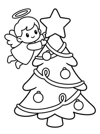 Christmas Tree Decorated by a Cute Little Angel para colorir Desenho de Christmas Tree Decorated by a Cute Little Angel para colorir e imprimir grátis