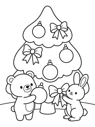 Cute Animals Decorating the Christmas Tree para colorir Desenho de Cute Animals Decorating the Christmas Tree para colorir e imprimir grátis