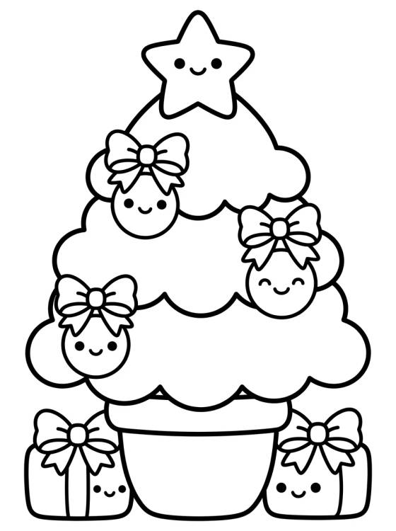 Kawaii Christmas Tree with a Smiling Star para colorir Desenho de Kawaii Christmas Tree with a Smiling Star para colorir e imprimir grátis