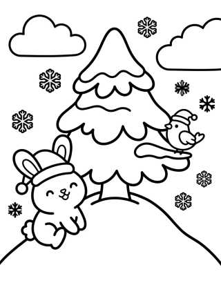 Snowy Christmas Tree with Cute Animals para colorir Desenho de Snowy Christmas Tree with Cute Animals para colorir e imprimir grátis