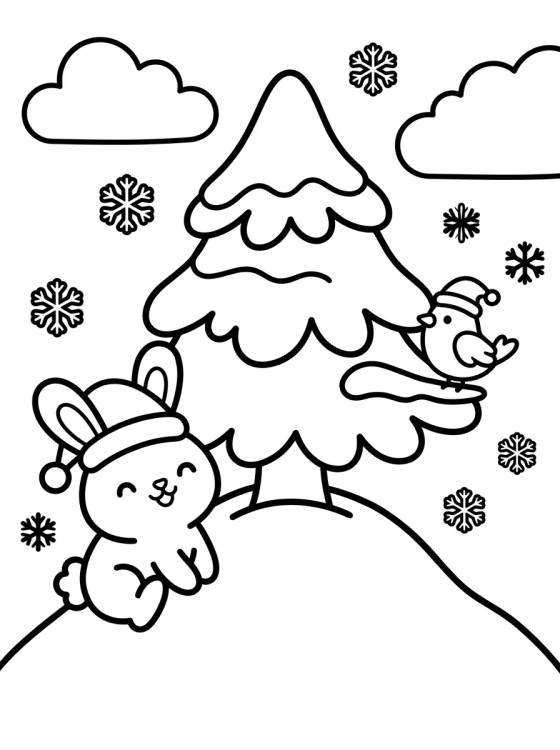 Snowy Christmas Tree with Cute Animals para colorir Desenho de Snowy Christmas Tree with Cute Animals para colorir e imprimir grátis