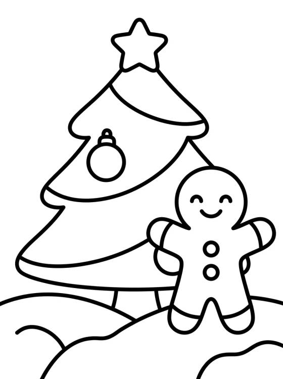 Christmas Tree in the Snow with Gingerbread Man para colorir Desenho de Christmas Tree in the Snow with Gingerbread Man para colorir e imprimir grátis