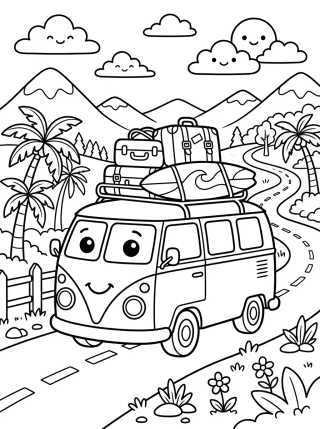 Cute Van on the Road para colorir Desenho de Cute Van on the Road para colorir e imprimir grátis