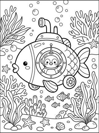 Penguin Submarine Explorer para colorir Desenho de Penguin Submarine Explorer para colorir e imprimir grátis