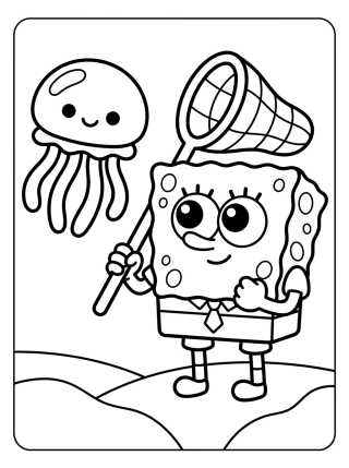 SpongeBob Catching Jellyfish para colorir Desenho de SpongeBob Catching Jellyfish para colorir e imprimir grátis