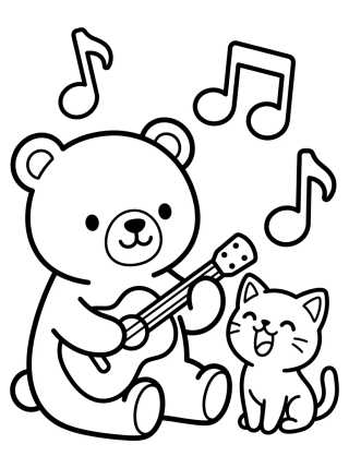 Bobbie Bear and Kitty Playing Guitar para colorir Desenho de Bobbie Bear and Kitty Playing Guitar para colorir e imprimir grátis