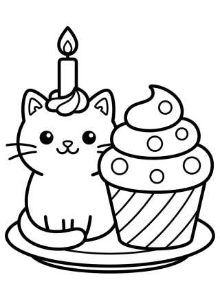 Happy Cakey Cat with Cupcake para colorir Desenho de Happy Cakey Cat with Cupcake para colorir e imprimir grátis