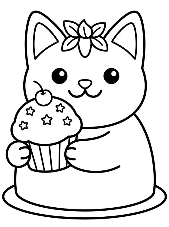 Happy Cakey Cat with Cupcake para colorir Desenho de Happy Cakey Cat with Cupcake para colorir e imprimir grátis