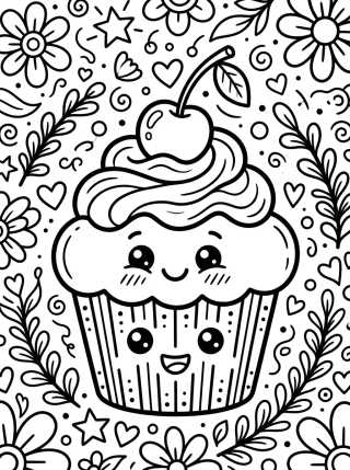 Smiling Cupcake with Cherry para colorir Desenho de Smiling Cupcake with Cherry para colorir e imprimir grátis