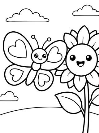 Butterfly with Heart Wings and Sunflower para colorir Desenho de Butterfly with Heart Wings and Sunflower para colorir e imprimir grátis