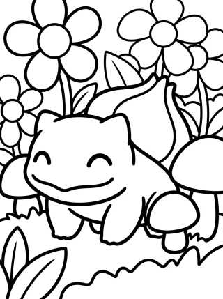 Happy Bulbasaur in the Garden para colorir Desenho de Happy Bulbasaur in the Garden para colorir e imprimir grátis