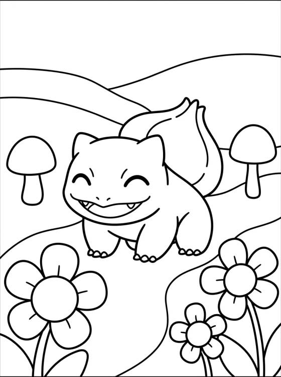 Happy Bulbasaur in the Garden para colorir Desenho de Happy Bulbasaur in the Garden para colorir e imprimir grátis