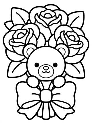 Rose Bouquet with Cute Teddy Bear para colorir Desenho de Rose Bouquet with Cute Teddy Bear para colorir e imprimir grátis