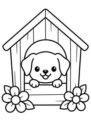 Happy Puppy in Doghouse para colorir Desenho de Happy Puppy in Doghouse para colorir e imprimir grátis