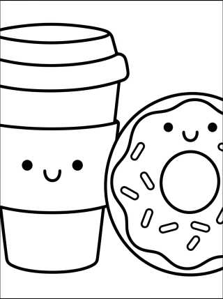 Kawaii Coffee Cup and Donut para colorir Desenho de Kawaii Coffee Cup and Donut para colorir e imprimir grátis