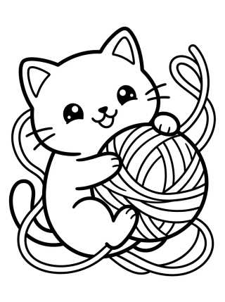 Kawaii Kitty Playing with Yarn para colorir Desenho de Kawaii Kitty Playing with Yarn para colorir e imprimir grátis