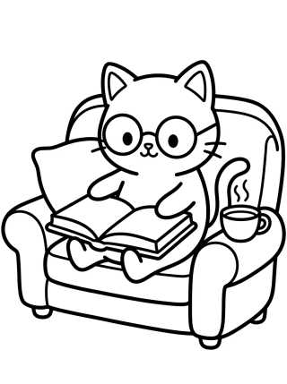 Cute Kitty Reading on the Sofa para colorir Desenho de Cute Kitty Reading on the Sofa para colorir e imprimir grátis