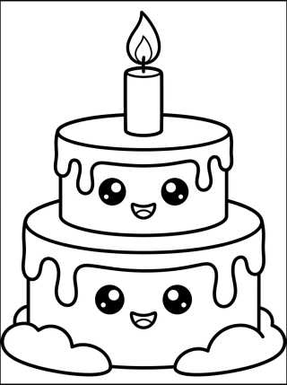 Kawaii Birthday Cake para colorir Desenho de Kawaii Birthday Cake para colorir e imprimir grátis