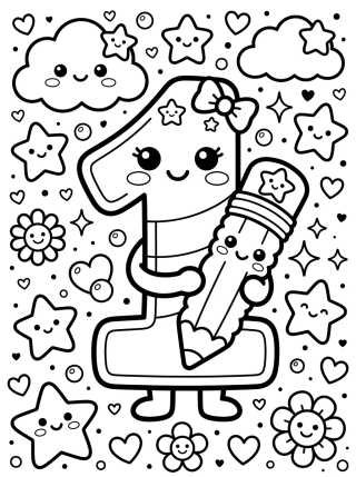 Kawaii Number 1 with Pencil para colorir Desenho de Kawaii Number 1 with Pencil para colorir e imprimir grátis