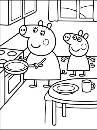 Pig Family Kitchen para colorir Desenho de Pig Family Kitchen para colorir e imprimir grátis