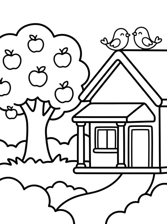 Cottage with Apple Tree para colorir Desenho de Cottage with Apple Tree para colorir e imprimir grátis