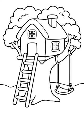 Cottage Treehouse with Swing para colorir Desenho de Cottage Treehouse with Swing para colorir e imprimir grátis