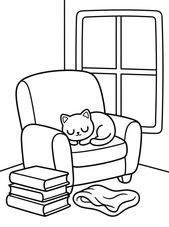Cozy Reading Nook with Kitty para colorir Desenho de Cozy Reading Nook with Kitty para colorir e imprimir grátis