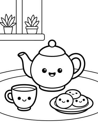 Cozy Kitchen with Tea and Cookies para colorir Desenho de Cozy Kitchen with Tea and Cookies para colorir e imprimir grátis