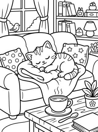 Cute Kitty on the Sofa para colorir Desenho de Cute Kitty on the Sofa para colorir e imprimir grátis