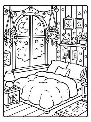 Cozy Bedroom with a Window View para colorir Desenho de Cozy Bedroom with a Window View para colorir e imprimir grátis