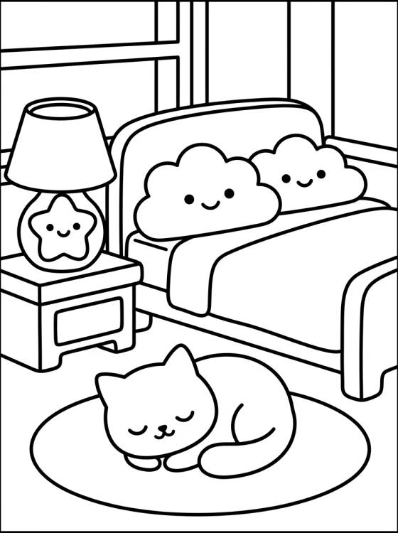 Cozy Kawaii Bedroom para colorir Desenho de Cozy Kawaii Bedroom para colorir e imprimir grátis