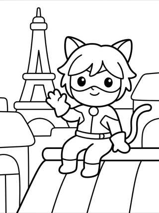 Cat Noir Waving on Paris Rooftops para colorir Desenho de Cat Noir Waving on Paris Rooftops para colorir e imprimir grátis