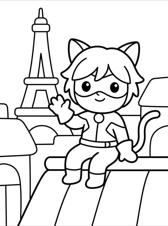 Cat Noir Waving on Paris Rooftops para colorir Desenho de Cat Noir Waving on Paris Rooftops para colorir e imprimir grátis