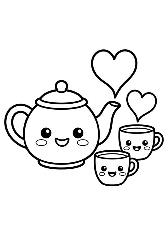Happy Teapot and Cute Cups para colorir Desenho de Happy Teapot and Cute Cups para colorir e imprimir grátis