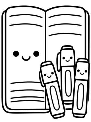 Kawaii Notebook and Markers para colorir Desenho de Kawaii Notebook and Markers para colorir e imprimir grátis